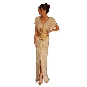 Lillie Rubin Gatsby Art Deco Beaded Silk Gown Gold Sequin Formal Dress S 1990s